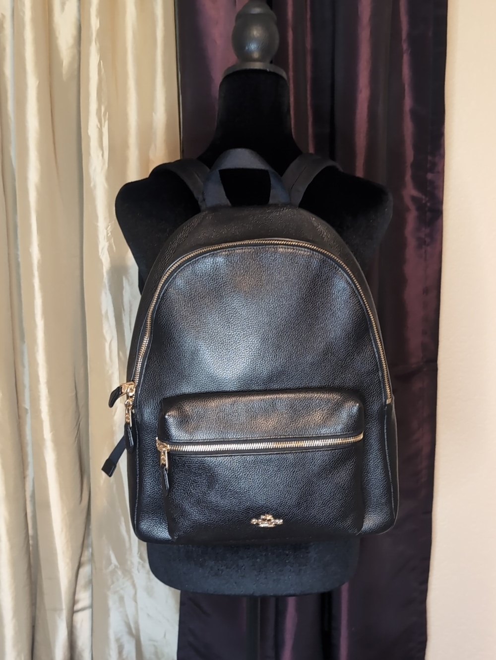 Coach Charlie Black Leather Backpack with Gold Hardware